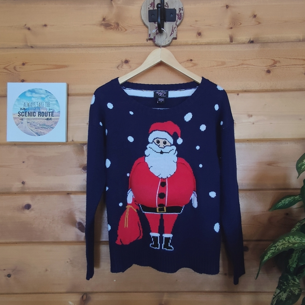 Hooked Up 💜 Women 3D Santa Claus Ugly Christmas Sweater Snow Blue Stripes Small